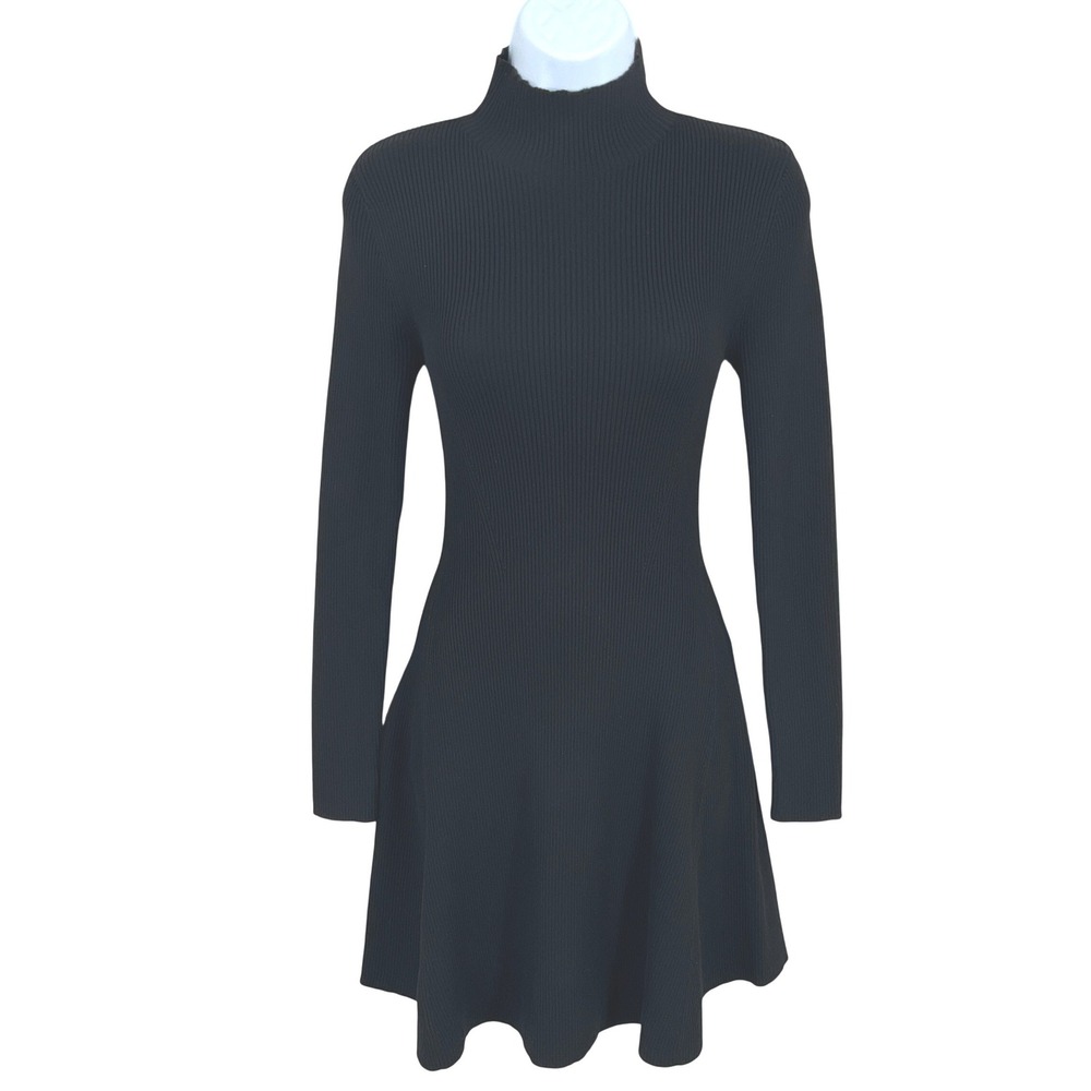Zara Knit Dress Womens S Black Ribbed Mock Neck Fit Flare Mini Long Sleeve